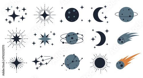 Cosmic celestial collection diverse space elements stars planets moons comets nebulas galaxies abstract celestial bodies for creative design isolated on white background