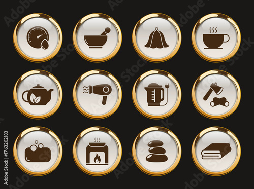 spa and sauna gold rimmed vector icons. spa and sauna icon set for web, mobile apps, ui design and print