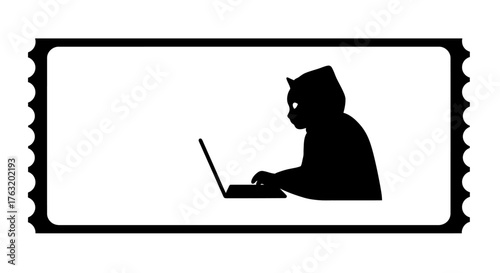 Silhouette of a person wearing a graduation cap using a laptop computer within a stylized ticket border representing education technology and online learning concepts. isolated on white background