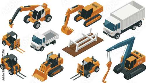 Isometric illustration of construction vehicles and equipment including excavators, cranes, loaders, trucks, bulldozers, and heavy machinery tools