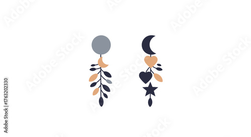 Whimsical celestial and floral dangle earrings with moon star heart and leaf motifs decorative accessories isolated on white background