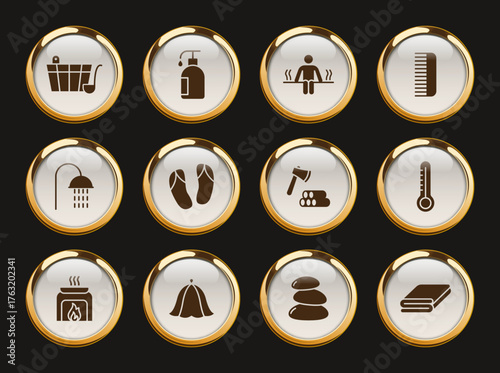 spa and sauna gold rimmed vector icons. spa and sauna icon set for web, mobile apps, ui design and print