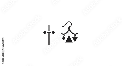 Abstract minimalist symbolic iconography representing balance scales and a cross with dots offering spiritual and measuring concepts with clean lines and clear design isolated on white background