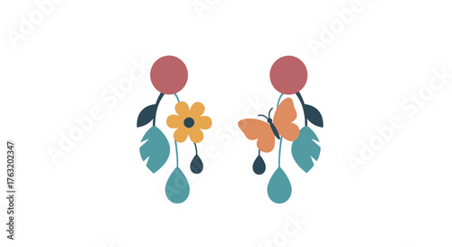 Whimsical floral and butterfly dangling earrings featuring vibrant colors and playful design perfect for fashion accessories and jewelry photography isolated on white background