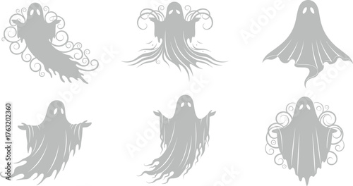 Ghost vector set, stylized spooky silhouettes, swirling and tattered designs, Halloween theme, eerie graphic elements, black illustration, stock asset