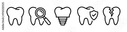 Dental Icons Tooth Health, Examination, Implant, Protection, and Damage