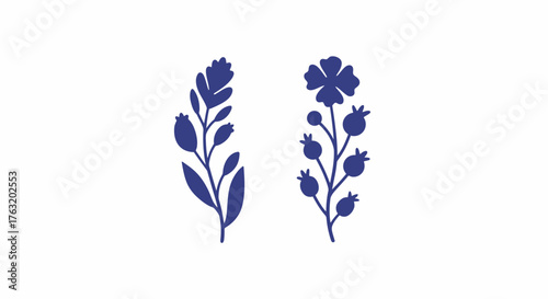 Elegant blue botanical elements watercolor painting delicate floral sprigs isolated nature design soft petals and leaves artistic rendering isolated on white background