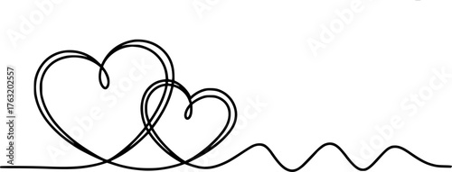 Minimalist Continuous Line Art of Two Intertwined Hearts on White Background
