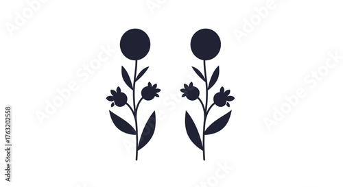 Chic black silhouette flower earrings minimalist jewelry design elegant accessory modern botanical theme for fashion and beauty brands isolated on white background