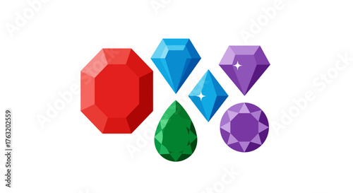 Collection of sparkling gemstones in various shapes and vibrant colors including red blue green and purple diamonds and jewels isolated on white background