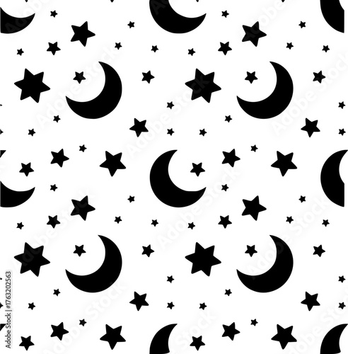 Seamless Pattern of Black Crescent Moons and Stars on White Background