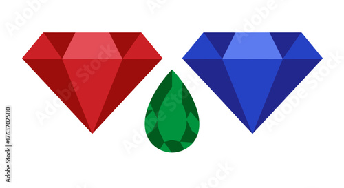 Assortment of precious gemstones red ruby blue sapphire green emerald faceted cuts shiny reflections luxurious jewelry components isolated on white background