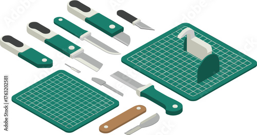 Isometric illustration of craft knives and cutting mats, hobby tools for art projects, modeling, design, and creative crafting work