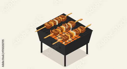 Isometric barbecue grill with skewered vegetables and meat cooking outdoors