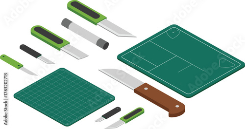 Isometric illustration of craft knives and cutting mats, hobby tools for art projects, modeling, design, and creative crafting work