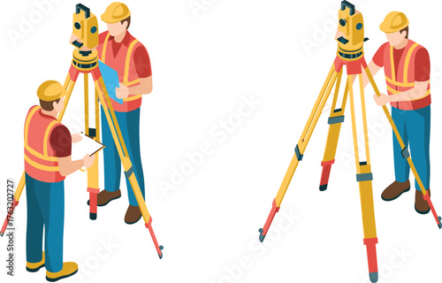 Isometric illustration of land surveyors working with total station equipment, measuring tools, blueprints, and construction site engineering concept