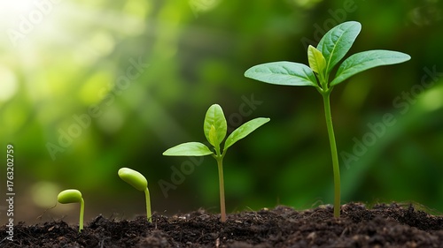 Four stages of plant growth from seed to seedling in soil sprout germination
