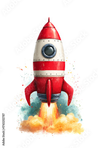 Colorful illustrated rocket launching with smoke and playful watercolor splashes.