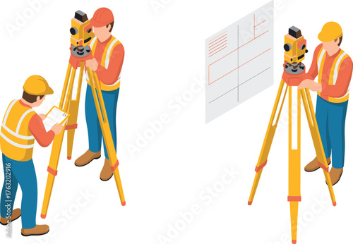 Isometric illustration of land surveyors working with total station equipment, measuring tools, blueprints, and construction site engineering concept