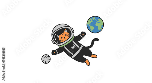 Cute cartoon cat astronaut floating in outer space with earth and moon cosmic adventure playful exploration isolated on white background