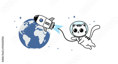 Whimsical cartoon cat astronaut floats in space next to earth with a rocket exploring cosmic wonders for children's designs isolated on white background