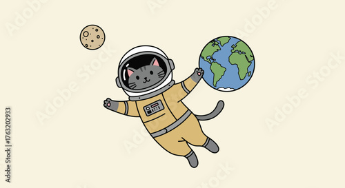 Adorable black cat astronaut floating in space holding planet earth with moon in background playful cosmic adventure theme isolated on white background