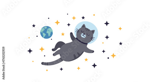 Cute cartoon black cat astronaut floating in space with stars and planet adorable feline explorer cosmos adventure isolated on white background