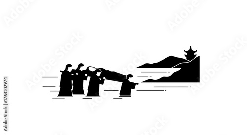 Quadro su tela Ancient chinese funeral procession carrying a coffin through water with traditio