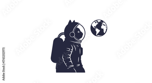 Whimsical astronaut cat gazes at planet earth emblematic of exploration discovery and outer space adventure isolated on white background