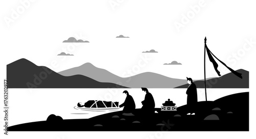 Serene mountain landscape with silhouettes of people and boats on a lakeside vista isolated on white background