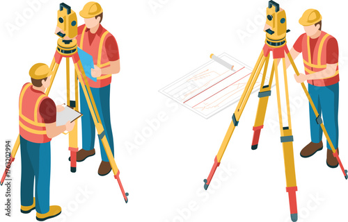 Isometric illustration of land surveyors working with total station equipment, measuring tools, blueprints, and construction site engineering concept