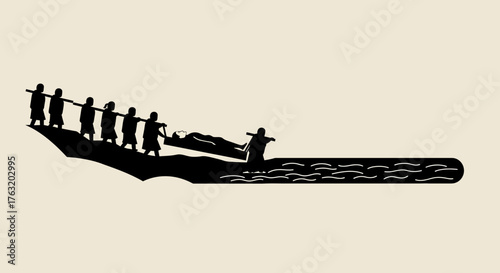 Silhouettes of a team of people working together to carry a large log through a surreal abstract landscape isolated on white background