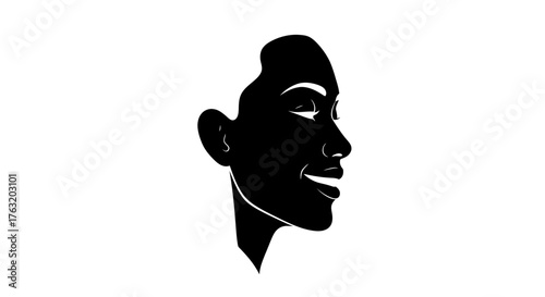Striking silhouette of a man's profile smiling with eyes closed evoking peace and contemplation isolated on white background