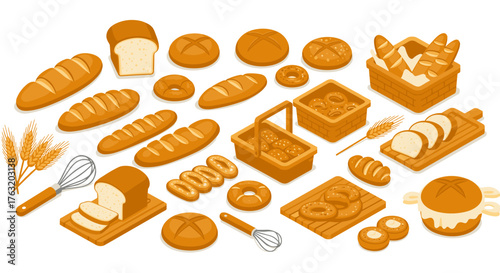 Variety of baked goods with bread, pastries, and wheat in isometric style