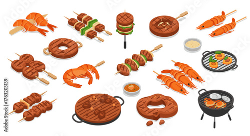 Isometric grilled food assortment with skewers, burgers, and seafood