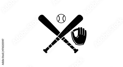 Baseball equipment crossed bats ball and glove silhouette icon simple sport symbol for games teams and athletic branding isolated on white background