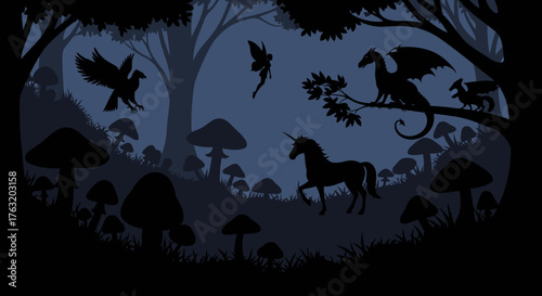 Mystical forest scene with mythical creatures horse dragon fairy bird mushroom and ancient trees enchanted atmosphere fantasy art isolated on white background