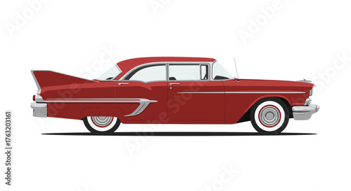 Classic red 1950s american automobile with tail fins side view isolated on isolated on white background