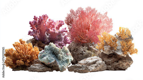 A collection of colorful corals and rocks against a stark white background shows detail