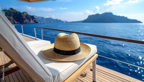 Sun hat on deck chair, ocean view