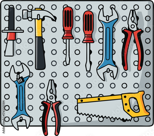 Cartoonish Pegboard with Hand Tools: Hammer, Screwdrivers, Wrenches, Pliers, and Saw