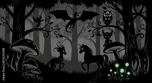 Mystical enchanted forest scene with creatures bat unicorn deer and glowing mushrooms at night magical fantasy woodland ambiance isolated on white background
