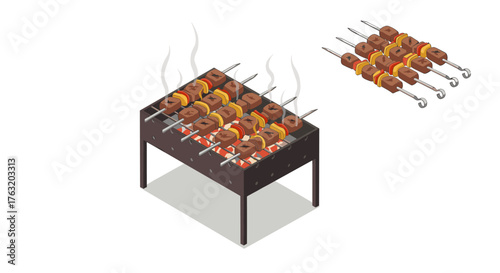 Isometric grilled skewers on barbecue grill with smoke