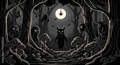 Mysterious silhouette of a black cat standing in a dark enchanted forest with a full moon above symbolizing magic and mystery isolated on white background