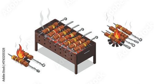 Isometric bbq grilling with skewers and smoke