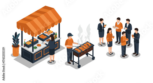 Business networking event with buffet and barbecue in isometric style