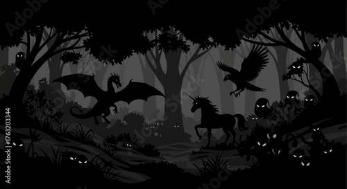 Spooky halloween night scene with bats flying around silhouetted pumpkins and spooky trees under a dark moonlit sky isolated on white background