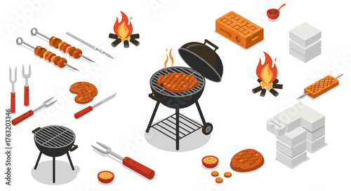 Isometric barbecue icons with grills, fire, and cooking tools for outdoor cooking designs