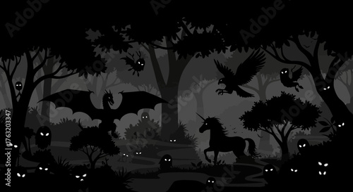 Mystical enchanted forest scene with dragon and unicorn silhouetted against trees and moonlit night creating a fantasy atmosphere isolated on white background