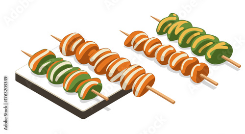 Colorful isometric skewers on platter with vegetables and meat